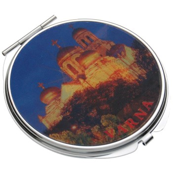 Сувенирно джобно огледало метал, декоративно капаче с холограма - Варненската катедрала и Мелницата в Несебър