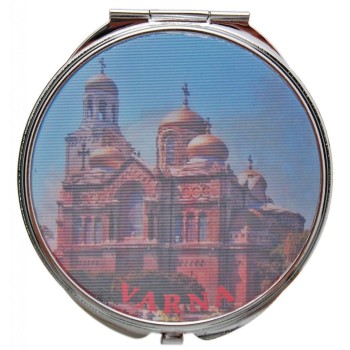 Сувенирно джобно огледало метал, декоративно капаче с холограма - Варненската катедрала и опера