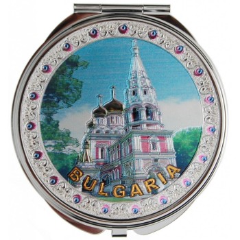 Сувенирно джобно огледало метал, декоративно капаче с гравирана - църквата в с