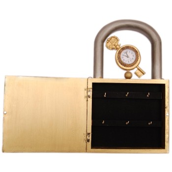 Сувенирна дървена кутия за ключове във формата на катинар с часовник