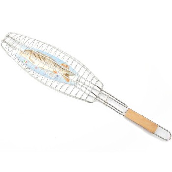 Домакински уред - метална скара за риба с резбована дървена дръжка