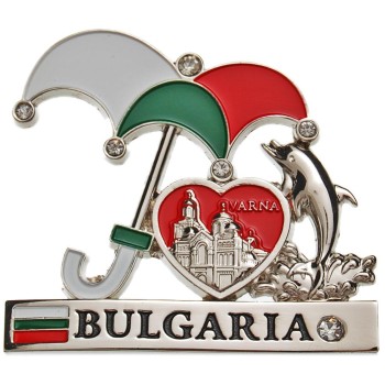 Сувенирна метална фигурка с магнит - чадър с делфин, сърце и надпис България