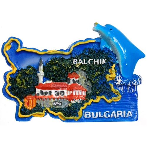 Сувенирена релефна фигурка с магнит - контури на България с делфин - двореца в Балчик