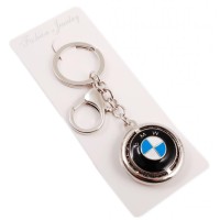 Кръгъл автомобилен ключодържател с емблема на BMW, декориран с бели камъни