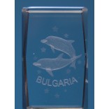 Безцветен стъклен куб с триизмерно гравирани делфина делфина, звезди и надпис България
