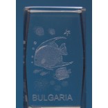 Безцветен стъклен куб с триизмерно гравирани рибки и надпис България