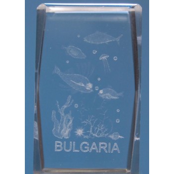 Безцветен стъклен куб с триизмерно гравирани морски обитатели и надпис България