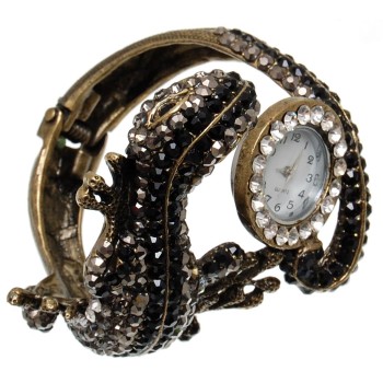 Дамски ръчен часовник с елегантен дизайн - хамелеон, декориран с цветни камъни