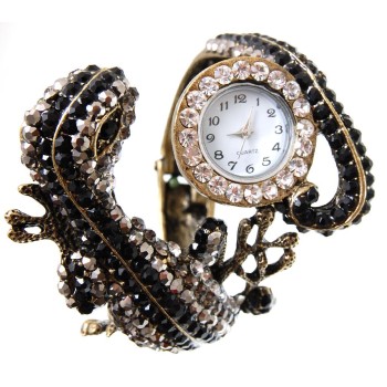 Дамски ръчен часовник с елегантен дизайн - хамелеон, декориран с цветни камъни