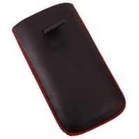 Калъф за телефон iPHONE 5, изработен от еко кожа, декориран с червен шев и метална пластинка - черен