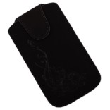 Калъф за телефон iPHONE 4 със закопчалка, изработен от мек велур, декориран с нежни флорални мотиви - черен