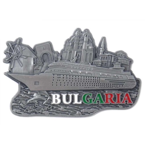 Метална магнитна фигурка във формата на плаващ кораб - старата мелница в Несебър, катедралата във Варна, двореца в Балчик и крепост в Созопол