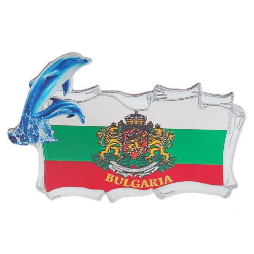 Сувенирна магнитна пластина с делфини - знамето и герба на България