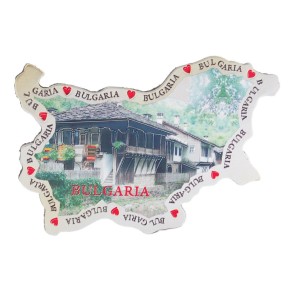 Магнитна пластина във формата на картата на България с лазерна графика - стара българска къща
