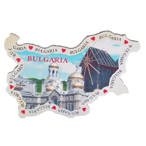 Магнитна пластина във формата на картата на България с лазерна графика - катедралата във Варна и старата мелница в Несебър