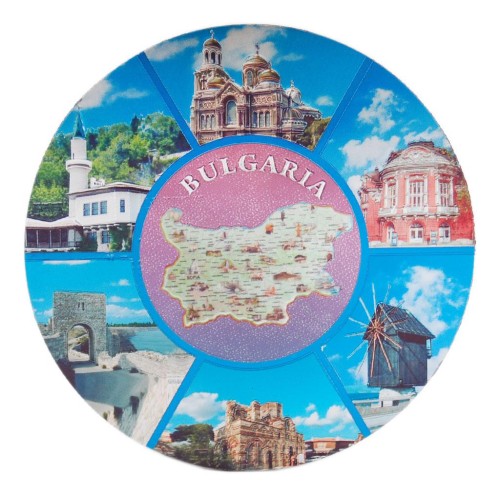 Кръгла магнитна пластина с лазерна графика - карта на България и забележителности във Варна, Несебър, Калиакра и Балчик