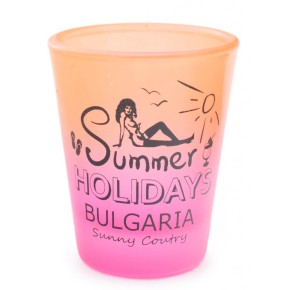 Сувенирна чаша за шот, декорирана с излегната жена и надпис - Summer Holidays Bulgaria Sunny country