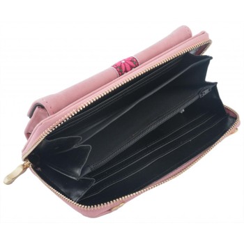 Дамска чанта тип портмоне, изработена от еко кожа с текстилен завършек, ресни и метална закопчалка