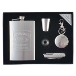 Луксозен подаръчен комплект, включващ метална манерка , дозатор, метална чашка, джобно ножче и ключодържател - пепелник