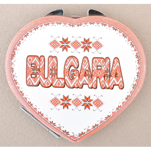 Сувенирно джобно огледало във формата на сърце, изработено от изкуствена кожа и метал
