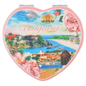 Сувенирно джобно огледало във формата на сърце, изработено от изкуствена кожа и метал