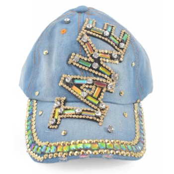 Спортна лятна шапка от дънков плат с козирка, декорирана с надпис TAKE и бели и цветни камъни