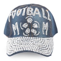 Спортна лятна шапка от дънков плат с козирка, декорирана с надпис FOOTBALL MOM и бели и цветни камъни
