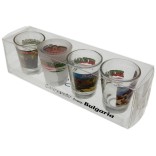 Комплект четири броя сувенирни стъклени чаши с декорация - 2 чашки с изображения от Пловдив и две с - български мотиви